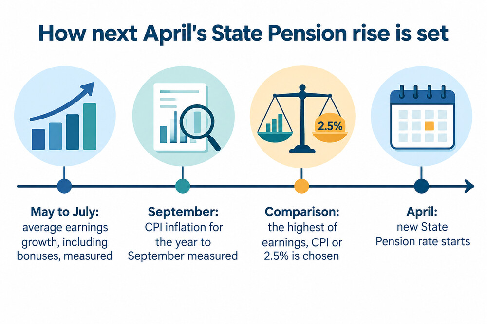 A calendar running from May to the following April, marking the wage growth period, the September inflation figure and the date the new State Pension rate starts