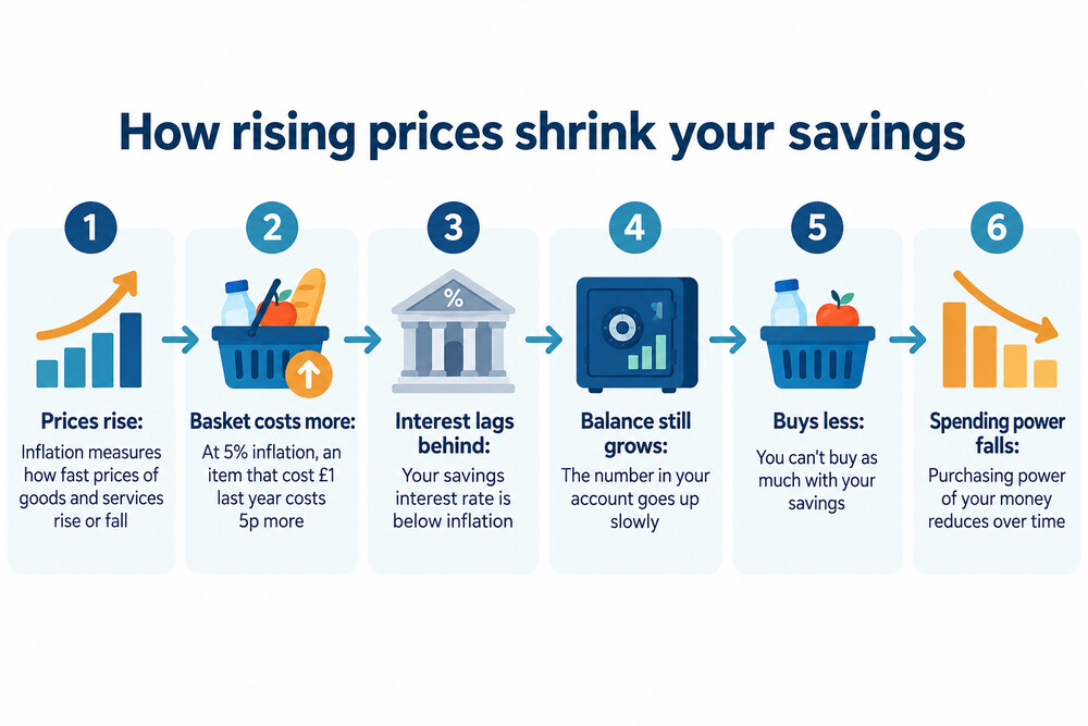 A chart showing a savings balance growing while its buying power falls when interest is below inflation