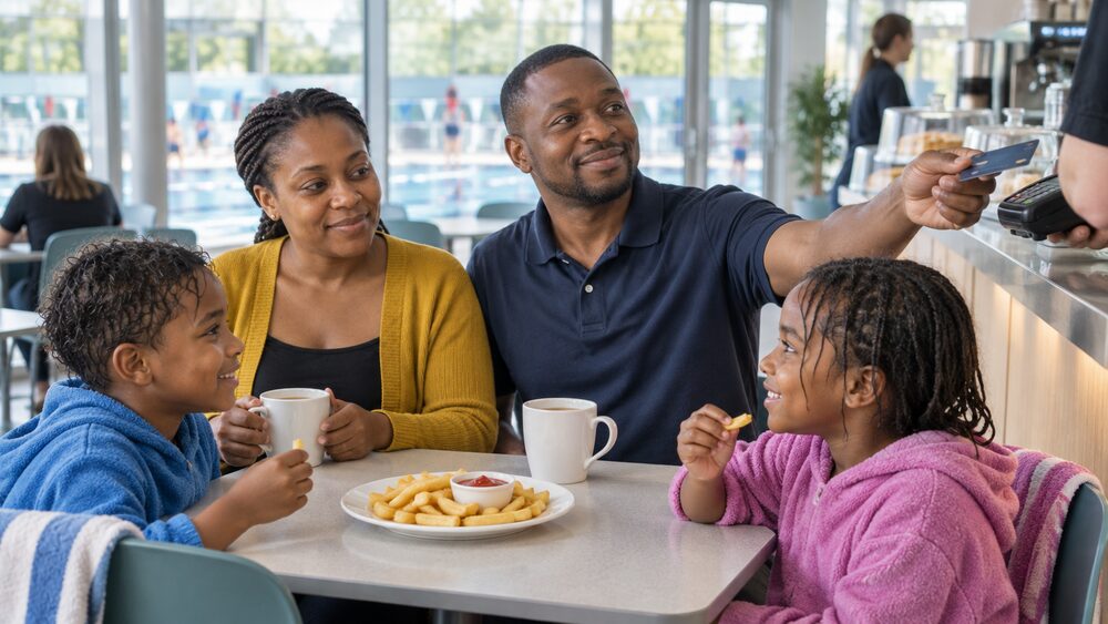 A family share chips at a leisure centre cafe as a bank card is held out to pay.