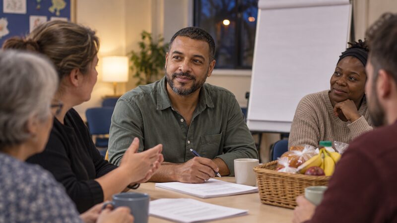 Parents sit around a table with groceries, discussing household costs.