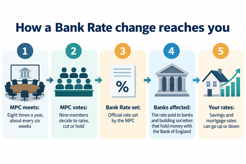 A diagram showing Bank Rate passing through commercial banks to household mortgage, loan and savings rates