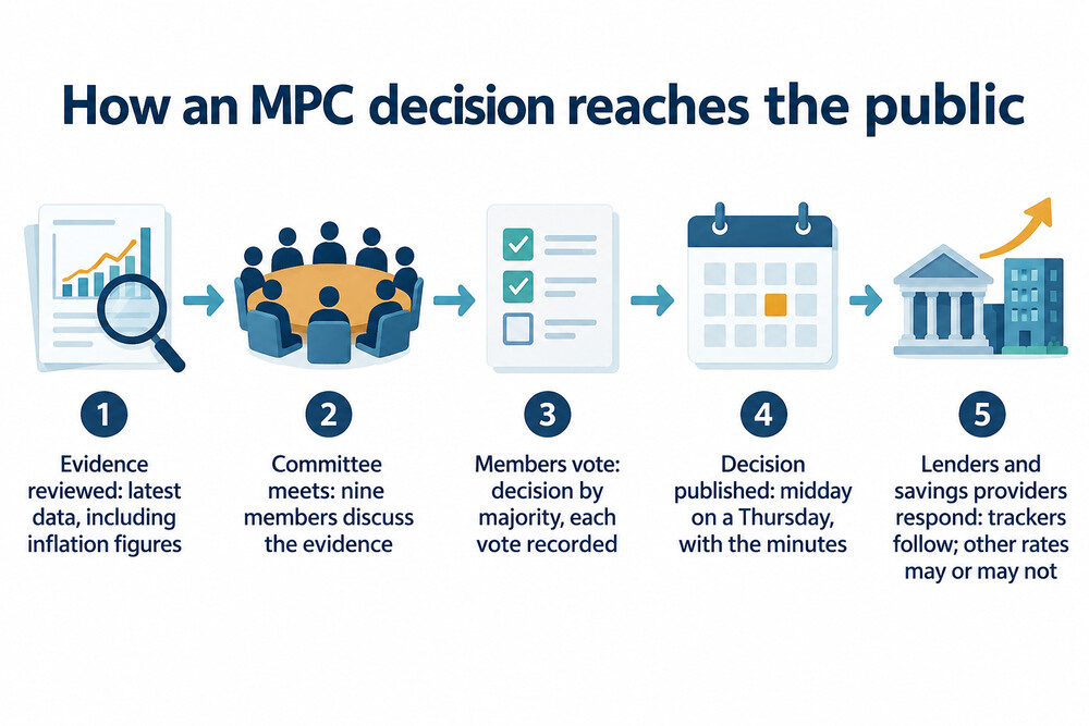 A timeline of an MPC decision round, from reviewing the evidence to the Thursday midday announcement