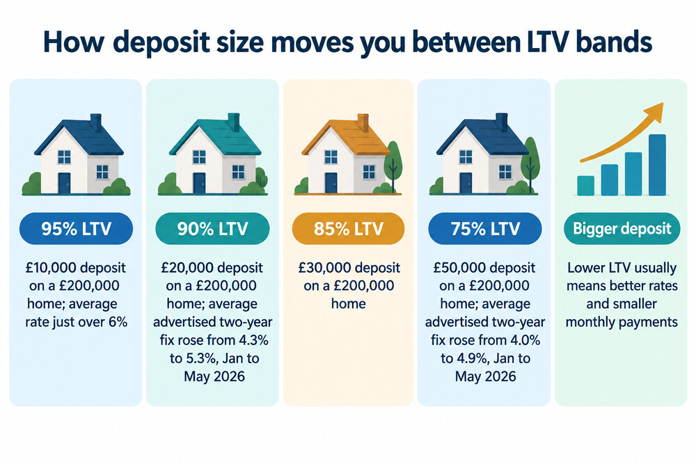 A chart showing how the deposit and loan-to-value band change together as the deposit grows from 5% to 15% of the purchase price