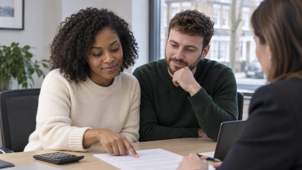 A couple sit at a desk reviewing a document with a calculator.