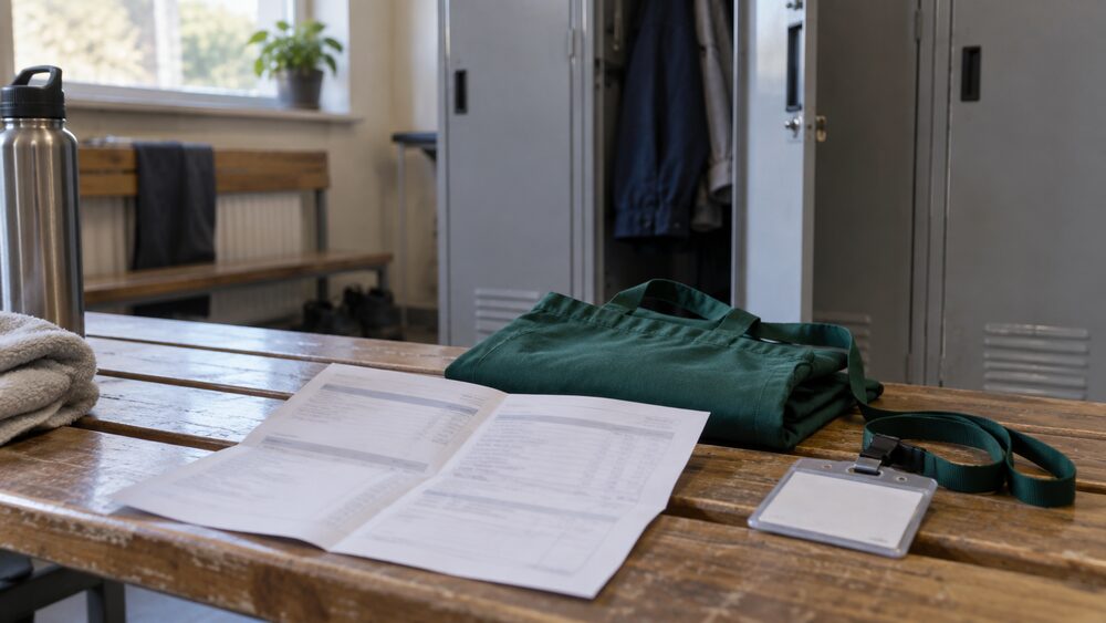 A blurred payslip lies on a staff room bench beside an apron and a name badge.