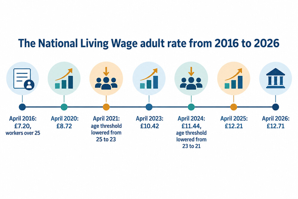 The National Living Wage adult rate from 2016 to 2026