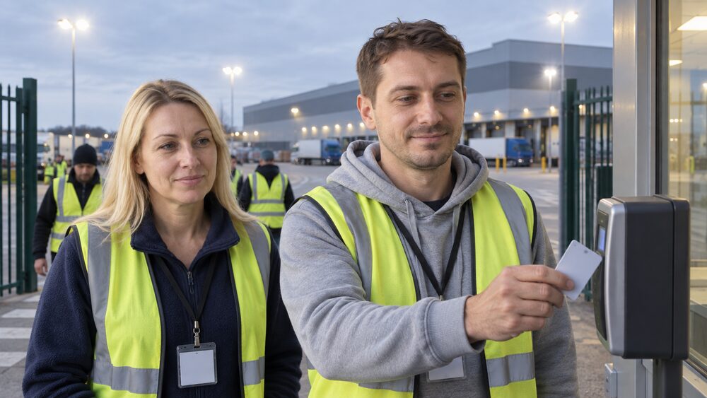 Two workers in hi-vis vests clock in at warehouse gates at dawn.