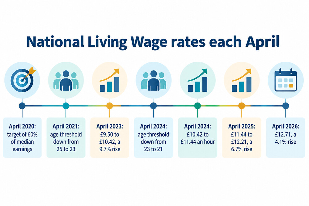A timeline showing the National Living Wage rising from £7.20 in 2016 to £12.71 in 2026