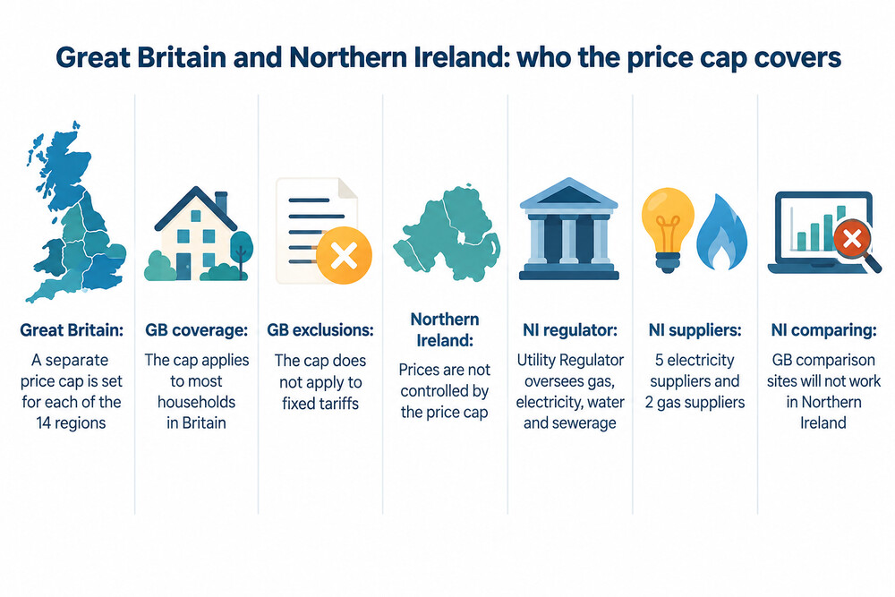 A map of the United Kingdom showing the 14 Great Britain energy supply regions covered by the Ofgem price cap, with Northern Ireland shown separately as outside the cap