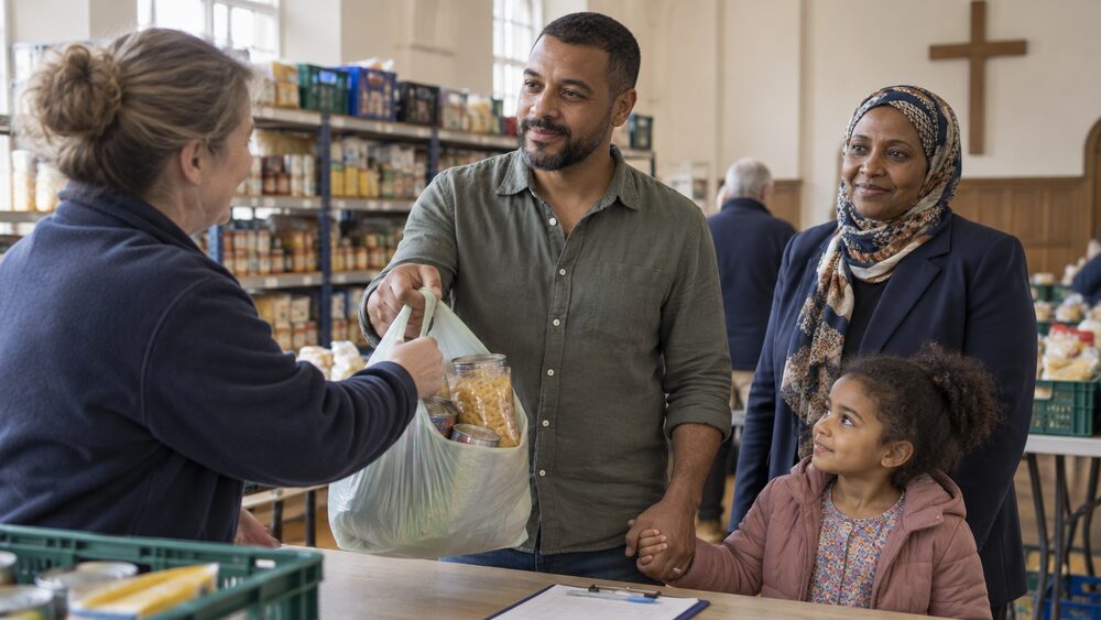 A volunteer hands a bag of food to a father holding his daughter's hand at a food bank.