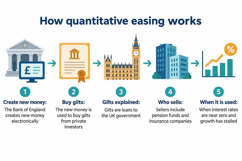 A simple illustration of the exchange at the heart of QE: the Bank of England passing newly created electronic money to a pension fund in return for government bonds