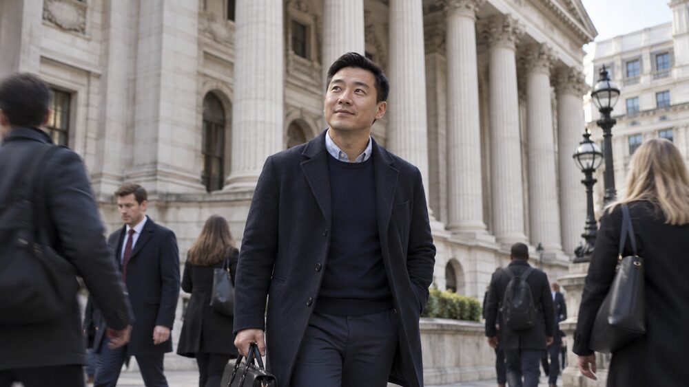 An office worker walks past a grand stone building with columns.