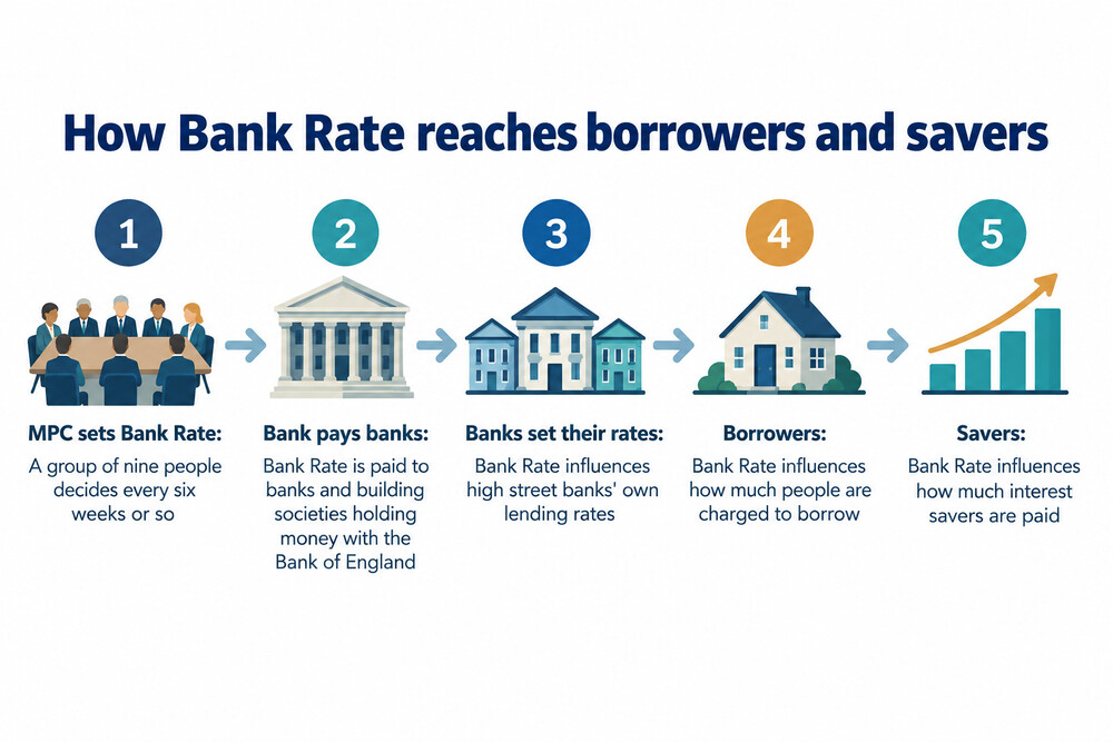 A simple diagram showing Bank Rate flowing from the Bank of England to high street banks and then to household mortgages, savings and bills
