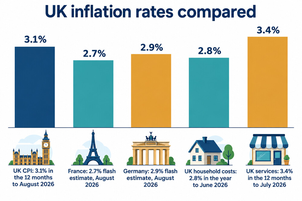A line chart showing UK CPI inflation from 2021 to 2026, with the recent rise to 3.1%