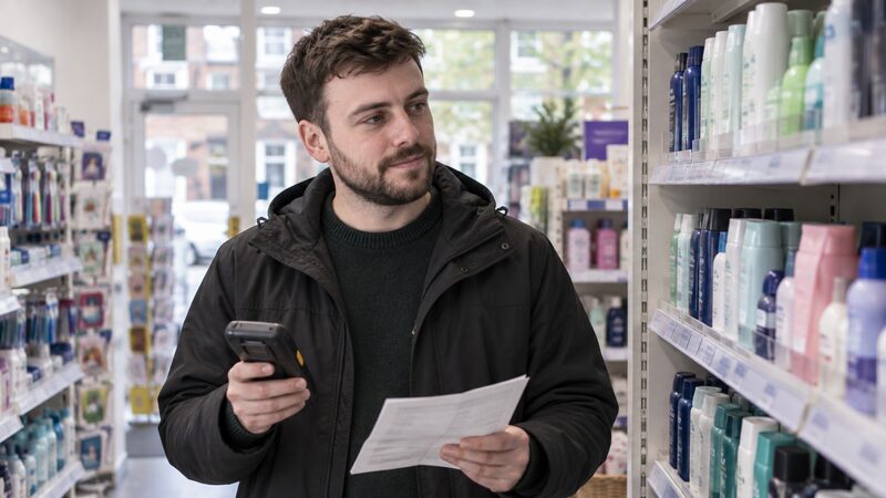 A man records shelf prices on a handheld device in a chemist.