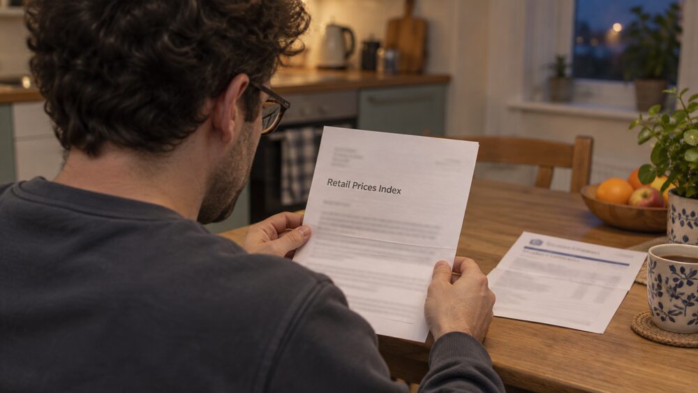 A young woman opens a payslip envelope at her kitchen counter beside a lanyard and lunch box.