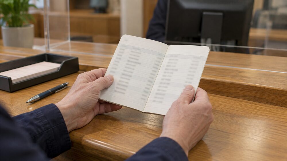 Hands hold an open savings passbook at a wooden counter.