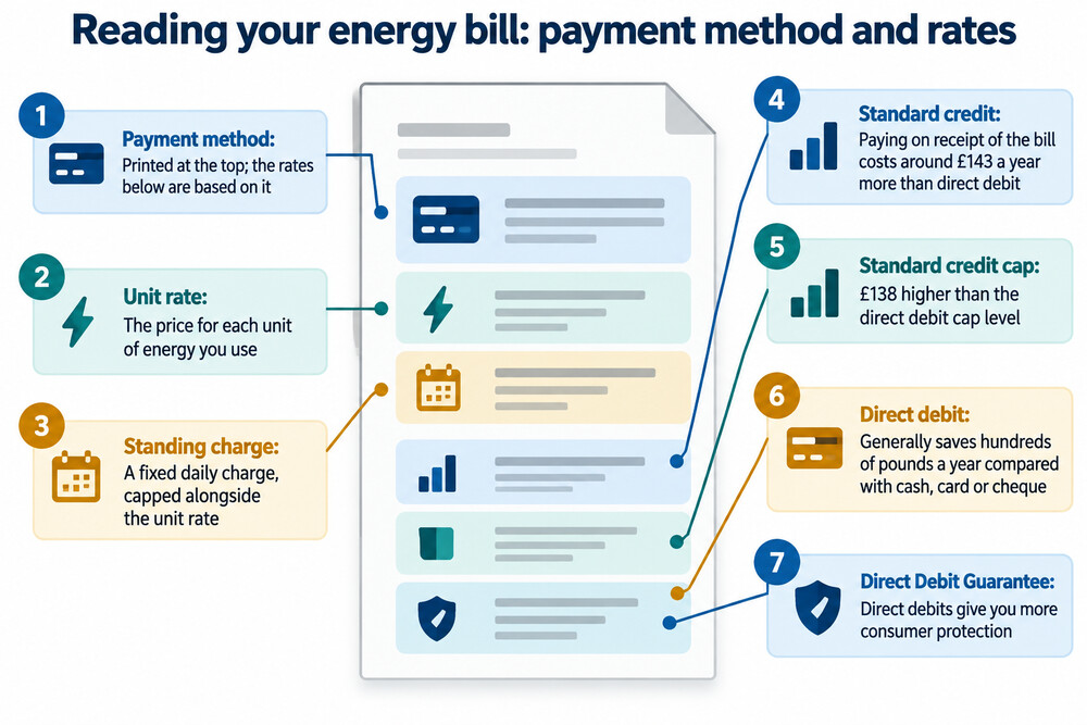 A household energy bill showing the unit rate and standing charge lines, with the payment method printed at the top