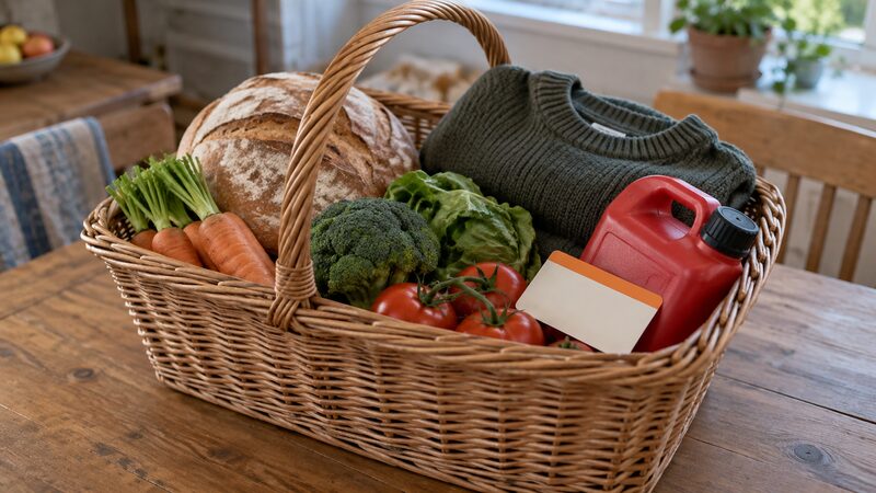 A wicker basket holds bread, vegetables, clothing, a fuel can and a ticket.