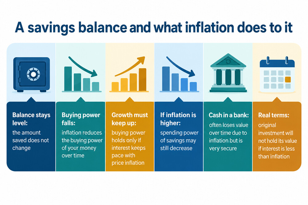 A savings balance staying level while the goods it can buy shrink, showing inflation erosion