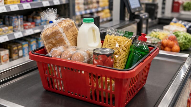 A shopping basket of everyday goods with price tags, representing the ONS inflation basket