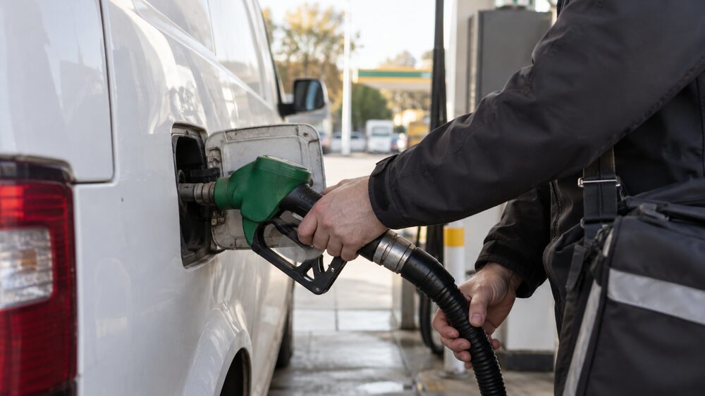 Hands hold a fuel nozzle in the filler of a white van at a forecourt.