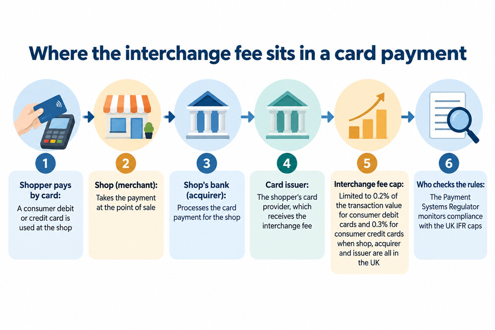 A diagram showing the flow of an interchange fee from the shop's bank to the card issuer when a customer pays by card