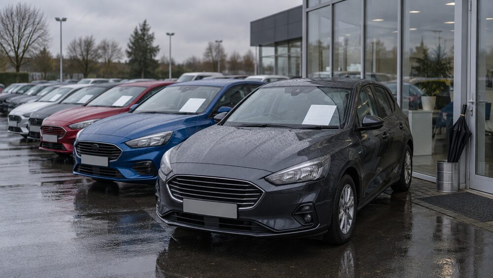 Rows of cars with blank price cards on their windscreens stand on a dealership forecourt.