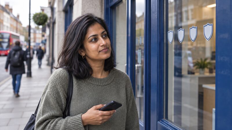 A woman looks at a small shield sticker on a bank branch window.