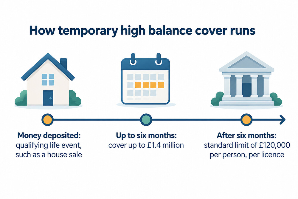 A timeline showing a house sale deposit protected above £120,000 for six months, then falling back to the standard limit
