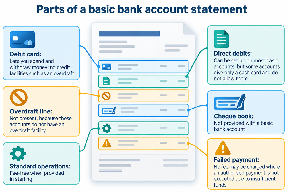 A basic bank account statement showing a debit card, direct debits and no overdraft facility