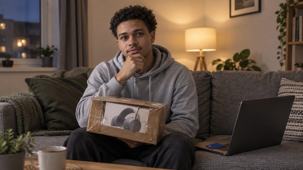 A young man sits on a sofa with a returned parcel on his knee and a laptop beside him.