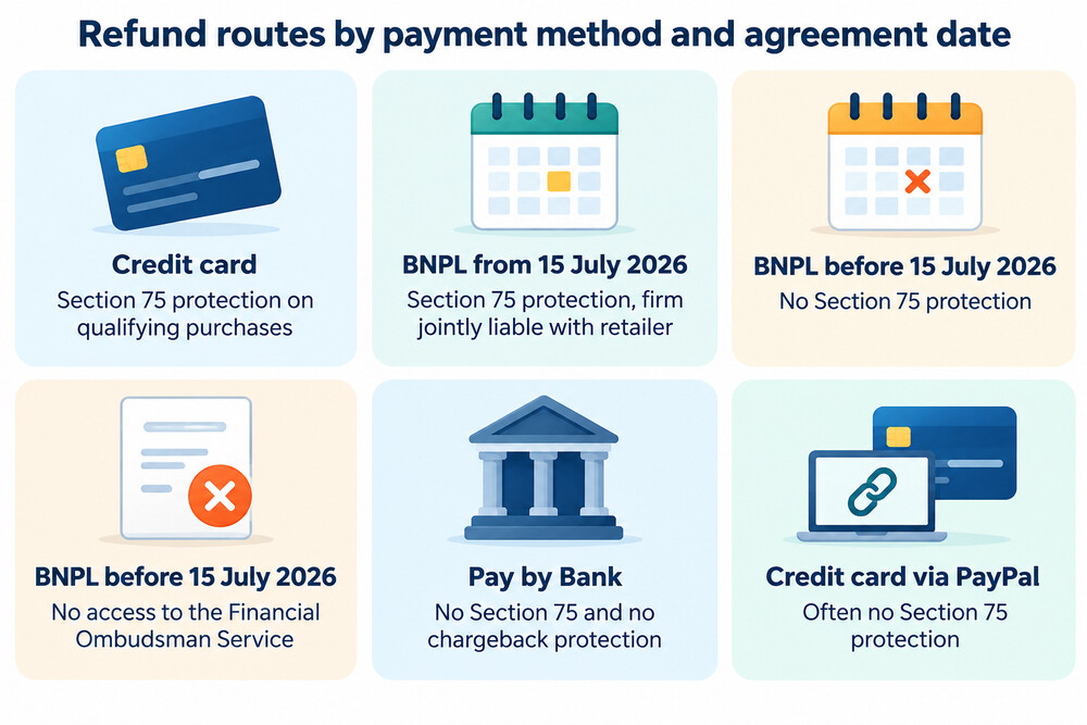 A comparison of what happens to a refund claim under each payment method