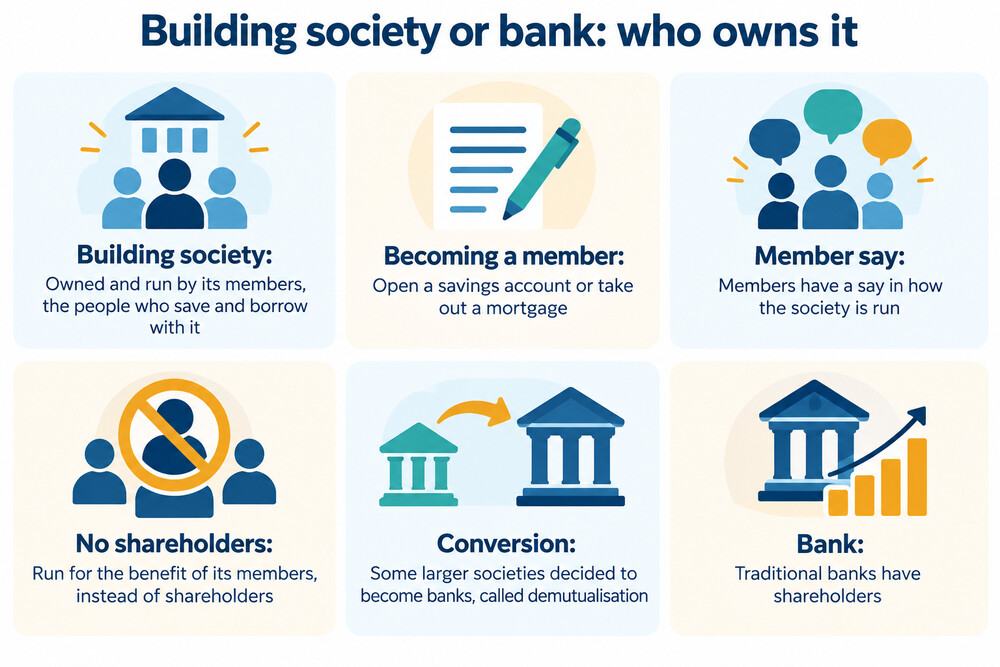A building society branch sign being replaced with a bank logo, showing a mutual becoming a shareholder-owned company