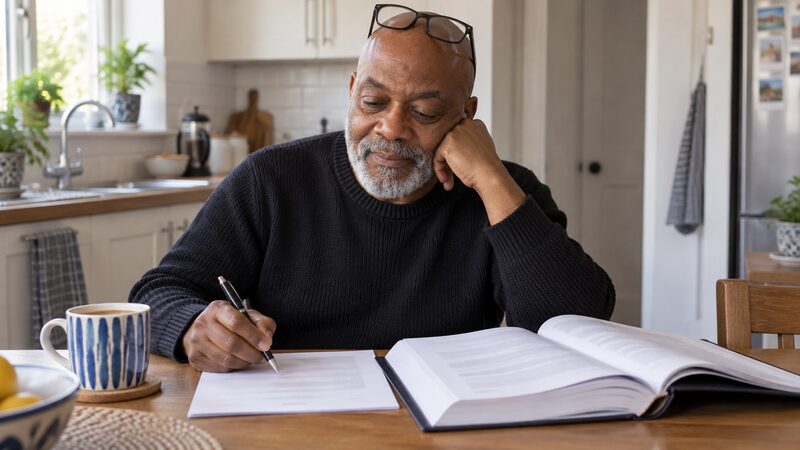 An older man reads a rules document at his kitchen table with a form.