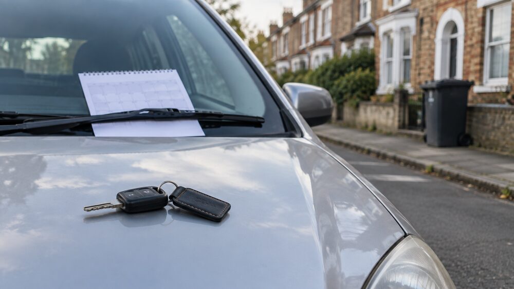 Car keys and a blank calendar page rest on the bonnet of a parked hatchback.