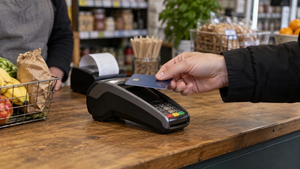 A hand taps a debit card on a card terminal at a shop counter.