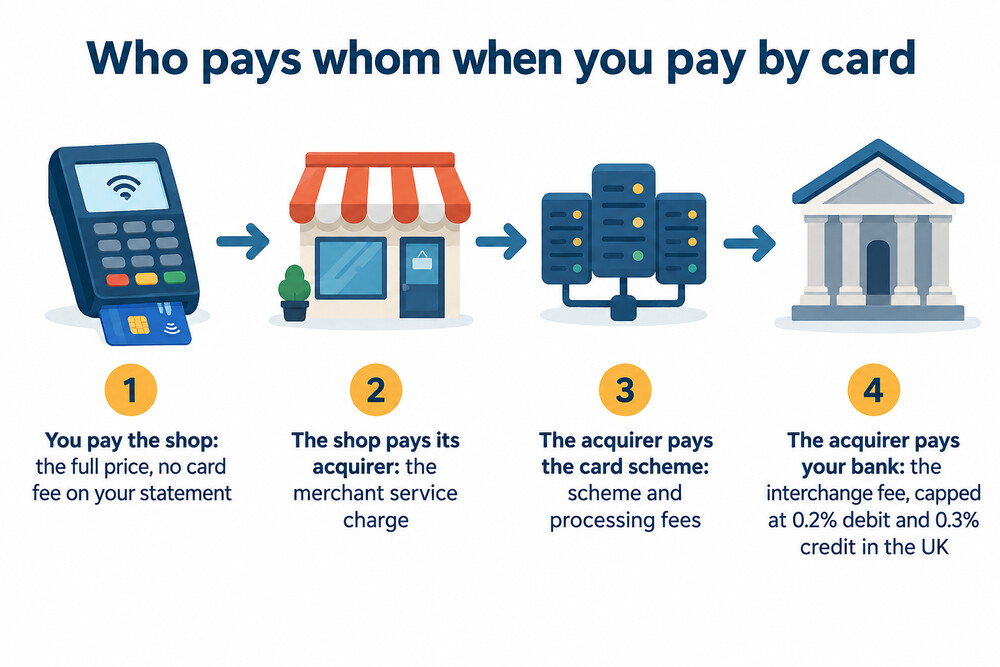 How a card payment's fees flow between the shop, its bank, the card scheme and the cardholder's bank