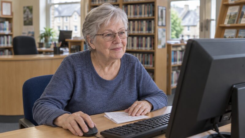 An older woman uses a public library computer to fill in an online form.