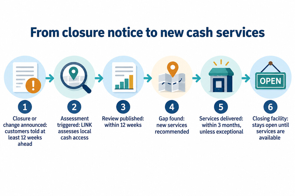 A process diagram showing a closure announcement, LINK's assessment and the outcome