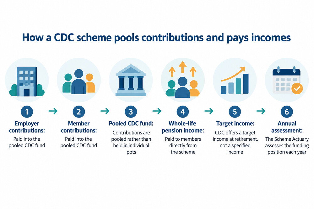 A simple diagram showing money flowing from employer and member contributions into a pooled CDC fund, then out as pension payments to members