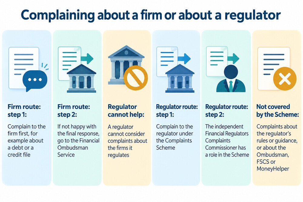 A diagram showing two separate complaint routes: one leading from the consumer to the firm and then the Financial Ombudsman, the other leading from the consumer directly to the regulator's Complaints Scheme