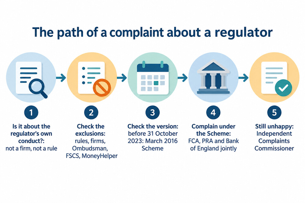 A numbered flow of the steps from deciding a complaint is about a regulator through to referring it to the Complaints Commissioner