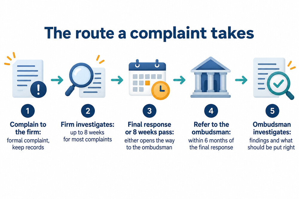 A step-by-step flow from complaining to a firm to referring the case to the ombudsman
