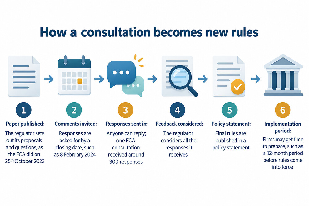 A consultation paper open at its numbered questions, with a pen and notes