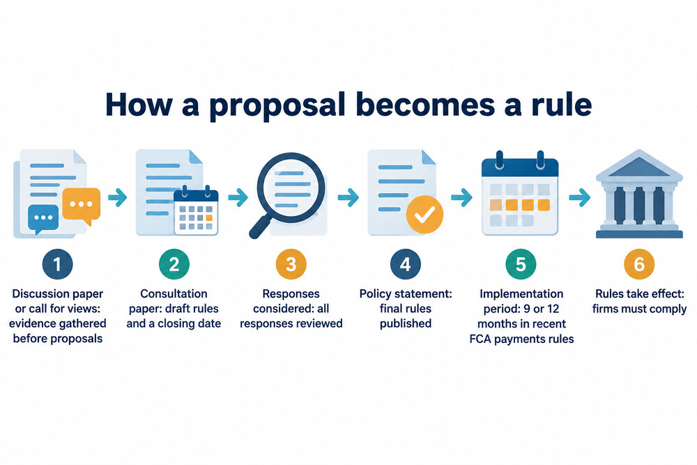 A flow from a regulator spotting a problem, through a discussion paper and consultation, to a policy statement and rules taking effect