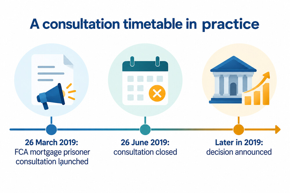 A timeline showing a consultation closing, a policy statement being published, and the rules starting after the implementation period