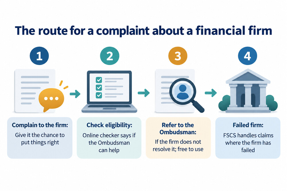 A flow diagram showing the steps from raising a complaint with a firm to referring it to the Financial Ombudsman Service