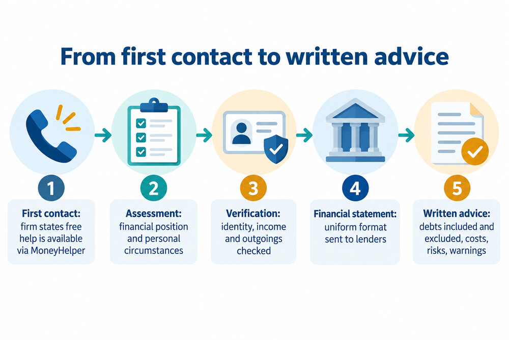 How a debt adviser moves from first contact to a written recommendation