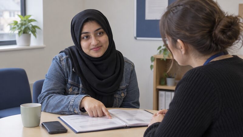 A young woman in a hijab points at a page in a folder while sitting with an adviser.